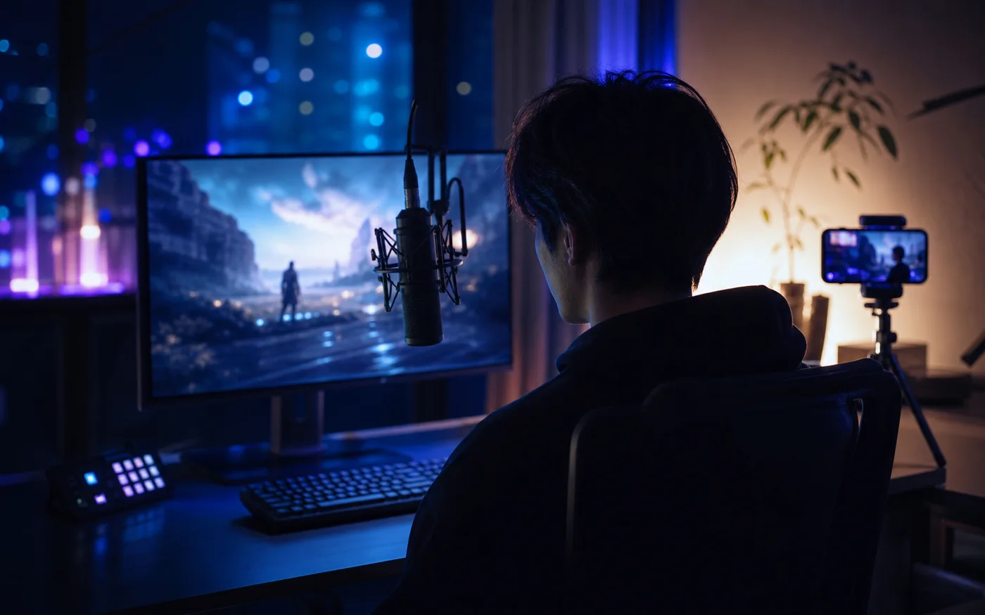 夜の配信デスクでゲーム配信を始めるクリエイター